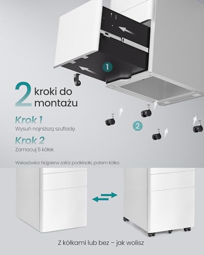 SONGMICS Komoda biurowa, szafka biurowa z kółkami i 3 szufladami, zamykana na klucz, wstępnie zmontowana, metalowa szafka, stojak na drukarkę, studio, 50 x 39 x 59 cm, biały matowy OFC032WG01