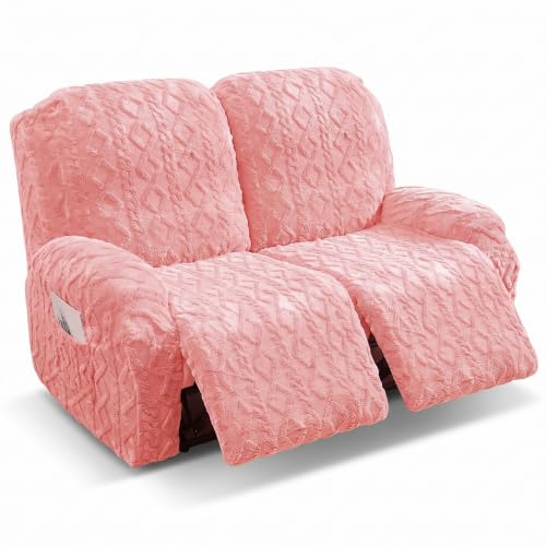 6 Pieces Recliner Chair Covers, Geometric Jacquard Plush Recliner Slipcovers, Couch Sofa Covers, Soft Fuzzy Fluffy Anti-Slip Furniture Protector for Kids Cats Dogs Elastic Bottom (Pink,2 Seat)