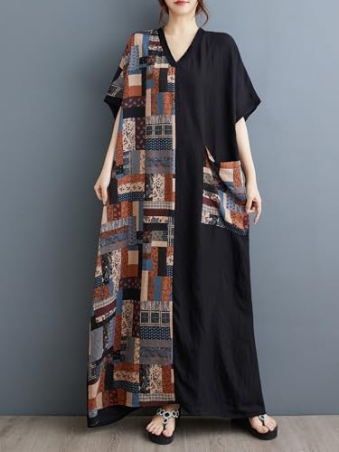 Women Plus Size Dress V-Neck Short Sleeve Unique Artistic Print Patchwork Casual Loose Dresses with Pockets3