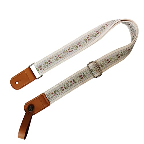 Image of MUSIC FIRST Original Design Vintage Floral Embroidered & Genuine Leather Ukulele Strap Ukulele Shoulder Strap With a MUSIC FIRST Genuine Leather Strap Locker (Creamy White Floral)