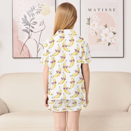 Yellow Bananas Pink Glasses Summer Pajamas Set Silk PJS Set Satin Sleepwear Short Sleeve Button Down Nightwear 5-14Y4
