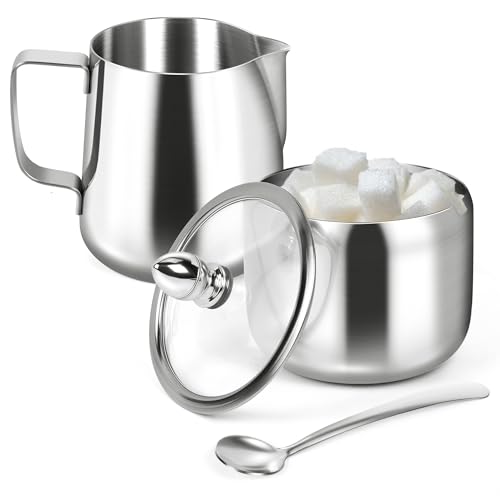 Set di zuccheriera e lattiera, contenitore per zucchero e brocca per schiumare il latte, per caffetteria, zuccheriera in acciaio inox con coperchio e cucchiaio, accessori per macchina da caffè