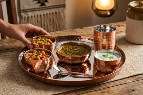 Image of Silverglow Hammered Stainless Steel Copper Dinner Set for 4 People, Pure-Copper thali Set of 24pcs, Durable, Ideal Gift for Anniversary, Wedding, Diwali, Hotel thali