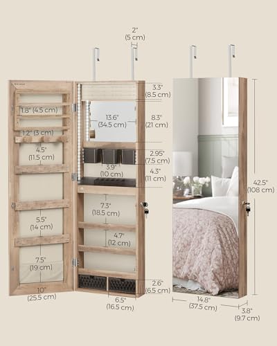 Image of SONGMICS Jewelry Cabinet Armoire Organizer with LED Lights, Wall-Mounted Storage Cabinet with Full-Length Frameless Mirror, Built-in Makeup Mirror, 2 Drawers, Lockable, Camel Brown UJJC013N01