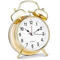 Bernhard Products Analog Alarm Clock Twin Bell 4" Gold Metal Extra Loud Quartz Battery Operated with Backlight, Silent Non-Ticking for Bedside Desk, Vintage Retro Antique Decorative Old School