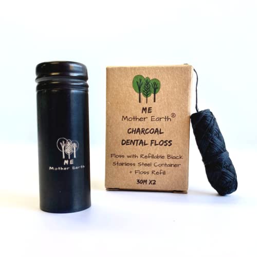 Vegan Biodegradable Bamboo Charcoal Dental Floss with Refillable Black Stainless Steel Container | 30M x2 | Extra Floss| Natural Candelilla Wax | Peppermint | Zero Waste Oral Care