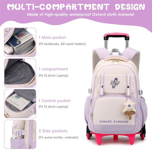 Image of PALAY School Bag for Girls Backpack with 6 Wheels Robust Children's School Bag with Wheels for Girls, Removable Trolley School Backpack with Pendant for School Travel