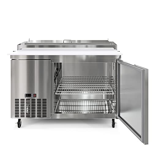 Image of KoolMore 50 Inch Commercial Pizza Prep Table with Built-in Refrigerator, Cutting Board, Food Protection Lid, Cold Storage, Rolling Casters in Stainless Steel,ETL Listed (KM-RPPS-1DSS)