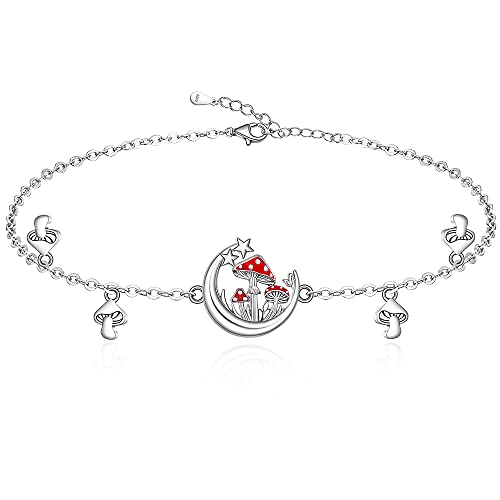 Fenthring Mushroom Bracelet Red Mushroom Moon Bracelet Sterling Silver Link Bracelets for Women Fairy Mushrooms Jewelry