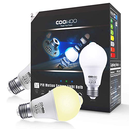 Motion Sensor Light Bulbs 12W Dusk to Dawn PIR Built-in Motion Detector Smart Bulbs E26 Base A19 Indoor Outdoor LED Light Bulbs 3000K Warm White 1000 Lumens Security Night Lights 2 Pack by COOWOO