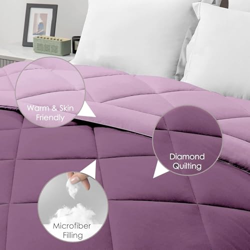 Image of THE HOME STYLE Solid Plain Cotton Feel Fitted Bedsheet (72x78 inches) with Reversible Comforter (90x100 inches) | King Size | 2 Pillow Covers | 300 TC | 4-Piece Bedding Set (Plum)