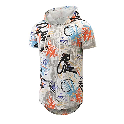 Yininf Mens Hipster Hip Hop Pullover Graphic Short Sleeves Hooded T-Shirt(330 White L) #TOP2
