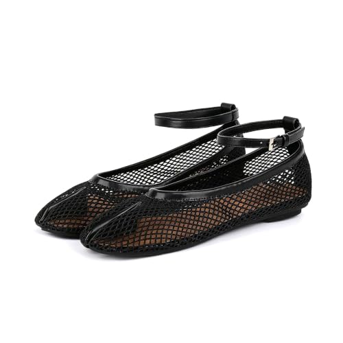 Image of Wnshonzy Mesh Ballet Flats for Women Round Toe Buckle Strap Fishnet Mary Jane Flats Comfy Casual Office Womens Summer Flats Shoes