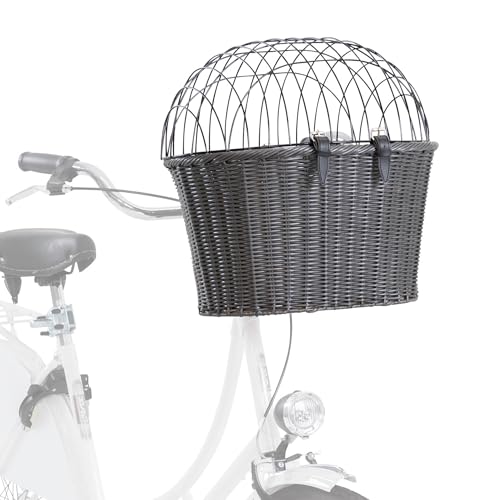 TRIXIE Front-Fahrradkorb – Fahrradkorb für Hunde – mit Lenkerhalterung und Gitter – mit Kissen – grau – 44 × 41 × 34 cm