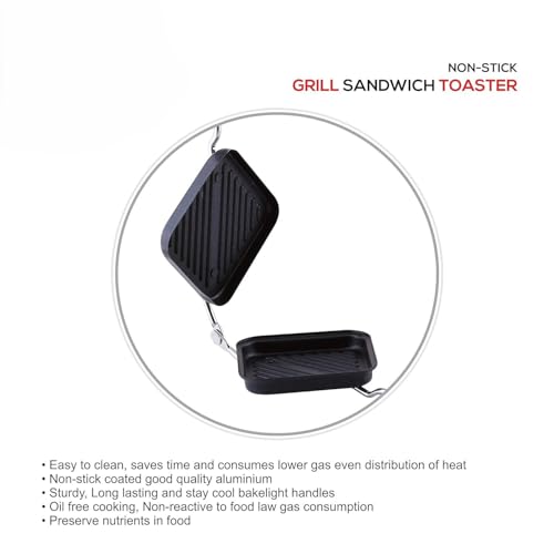 Image of Non-Stick Grill Sandwich Toaster Gas Stove Compatible, Easy to Clean, Ideal for Grilled Sandwiches, Paninis & Tikkas | Durable Aluminium Body (Black)