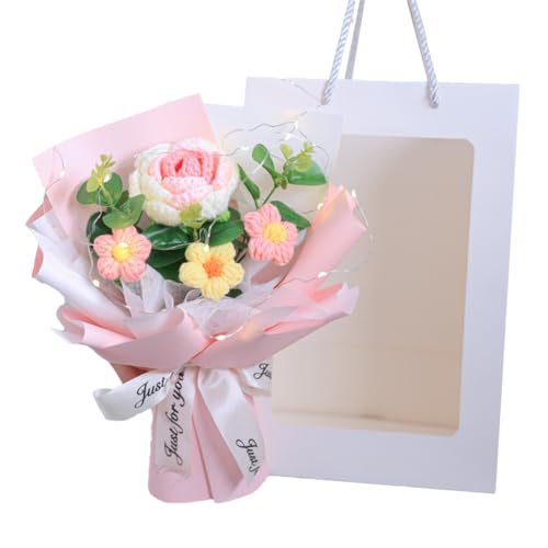 BINGF ニットフラワーブーケ ハンドメイド 枯れないお花束 かぎ針編み フラワーブーケ+ギフトバッグ+ライトバー 造花 毛糸の花束 インテリア クロシェフラワー ニット 手編みフラワーギフト おしゃれな飾り 結婚式 母/父の日 卒業式 記念日 誕生日プ