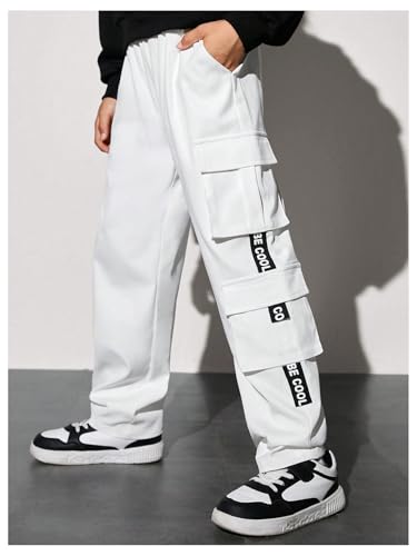 OYOANGLE Boy's Letter Graphic Print Cargo Pants Elastic Waist Straight Leg Outdoor Trousers2