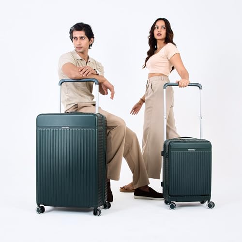 Image of THE ASSEMBLY Polycarbonate 8 Wheels Double Spinner Luggage Set of 2 | Premium Hard-Sided Cabin & Large Trolley Bags with Wide Handle & USB Port Charging-Rover Pro,Green, 73.5 cm