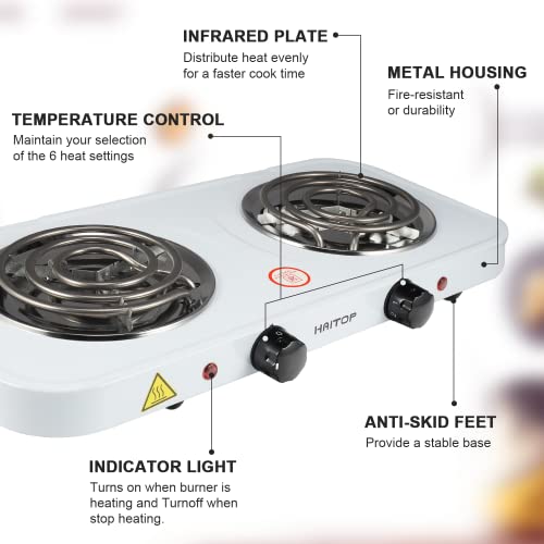 Haitop Countertop Burner Electric Double Burners 2000 Watts Electric Hot Plate Temperature Controls Power Indicator Lights Easy To Clean #TOP3