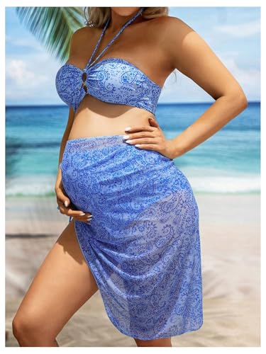 SHENHE Women's Maternity Swimsuits 3 Piece High Waisted Halter Bandeau Bikini Set with Cover Up2