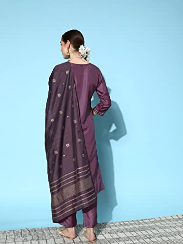 Image of ishin Silk Blend Women's Embroidered A-Line Kurta Pant with Dupatta Set