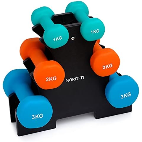 Dumbbell Set with Rack - 1kg, 2kg and 3kg Pairs of Dumbbell Weights - Neoprene Coated - Colourful - Fitness and Home Gym Equipment by Nordfit Cover