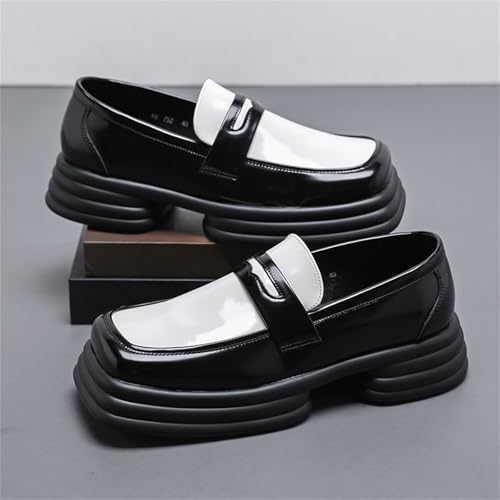 Mens Genuine Leather Slip On Chunky Platform Square Toe Penny Loafers Lug Sole Non Slip Color Block Business Casual Dress Shoes for Office Work Daily Wear Formal Events Weddings3