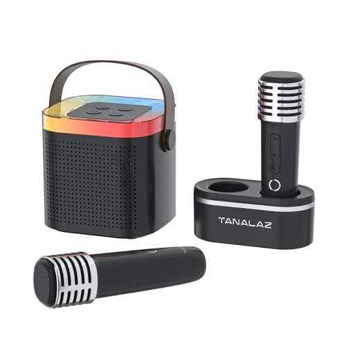 TANALAZ Nuevo Máquina de Karaoke con 2 Micrófonos Inalámbricos y Base, Altavoz Bluetooth con Luces LED y Efectos de Voz, Regalo para 3 12 Años Niños/Adultos de cumpleaños de Navidad Familia Fiesta