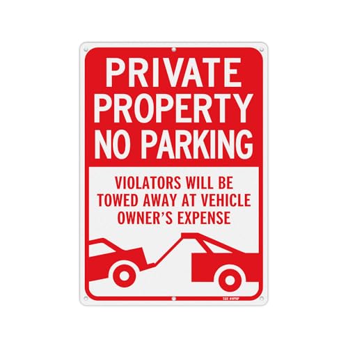 T&R Large Private Property No Parking Sign Violators Will Be Towed Away at Vehicle Owners Expense - 14 x 10 Inches Rust Free .040 Aluminum Reflective - UV Protected Waterproof and Fade Resistant - 6 Pre-drilled Holes