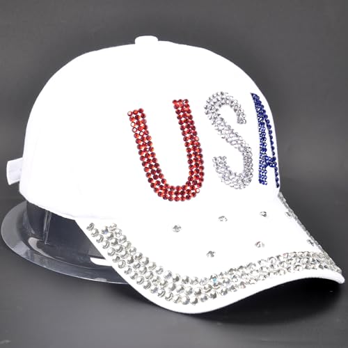 Image of Bling Rhinestone Hats, USA Design Men Womens Baseball Cap Golf Hat Jeans Wash Denim Adjustable (White)