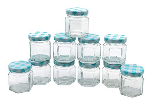 Image of Cute Hexagonal 50 Grams Airtight Glass Jar Containers for Honey, Spices & Other Kitchen Items with Rust Proof Turquoise Color Caps -Set of 12