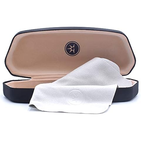Glare Guard Hard Shell Protective Case for Eyeglasses, Sunglasses - Men, Women & Kids - Cleaning Cloth Large Frame Storage (Black) Cover