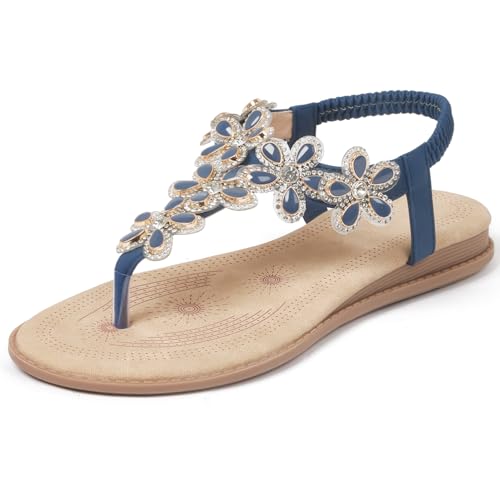 Image of iCKER Women Rhinestone Sandals T-Strap Buckle Bohemian Pearl Crystal Flat Sandals