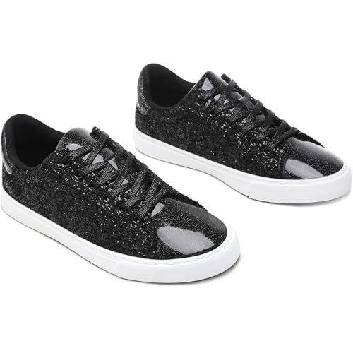AISFAES Glitter Sneakers Sparkly Low Top Sequins Sneakers Lace Up Tennis Shoes Comfort Bling Shoes Fashion Shiny Walking Shoes(Black Glitter,8 Women/6.5 Men)