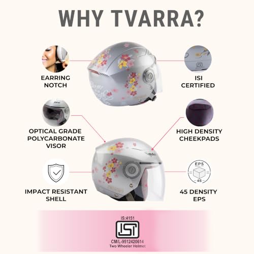 Image of TVARRA Blossom ISI Certified Women's Open Face Helmet Designer Helmet, Lightweight and Rainproof, Crafted for Women, Extreme Comfort Fit with Clear Visor (Silver Haze, M /L: (56-57) cm)