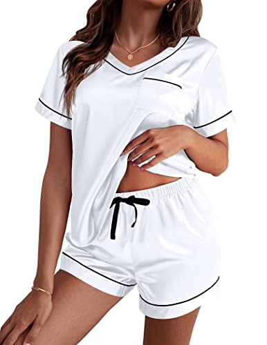 Image of Ekouaer Silk Pajama for Women Short Sleeve Satin Pj Set Two Piece Soft Sleepwear Loungewear S-XXL