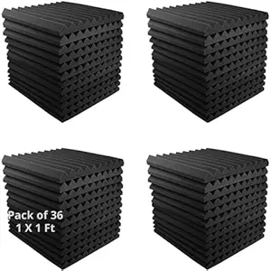 Cambik 36 Pack Wedge Acoustic Foam Panels Soundproof Studio Wall Tiles Sound Absorbing Home Studio Office Insulation Fire Resistant Sound Proof Padding Sound Treatment Foam 12 X12 X2  Black (36 Pack)