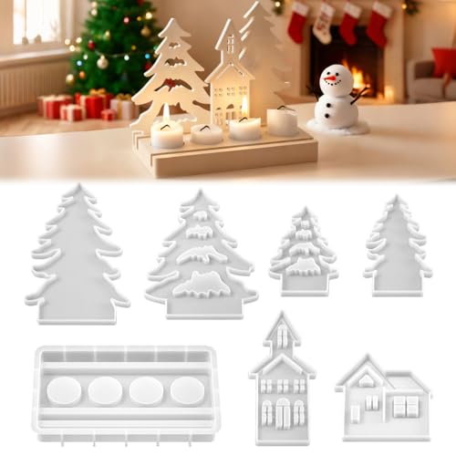 Zuxbolf 7 Stück Silikonformen Gießformen Häuser Weihnachten Silikonform Kerzenhalter Gießformen Silikon Häuser 3D Silikongießform Gips Formen Silikon Weihnachtsdeko für DIY Handwerk, Geschenke
