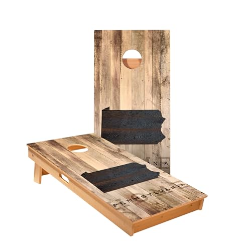 Skip's Garage Pennsylvania Rustic Cornhole Boards - Includes (2) Boards (Resin Bags) + (1) Carry Case, (2) Hole Lights & (2) Edge Lights