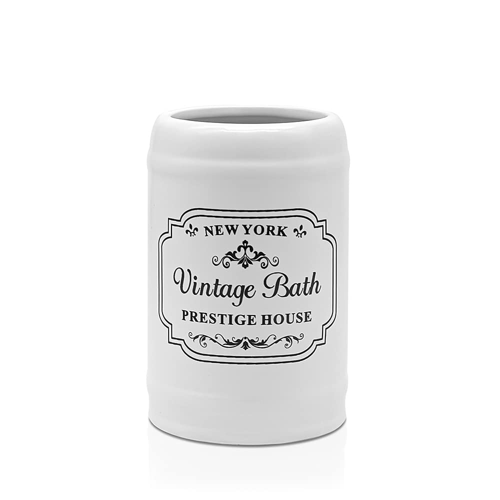 Portaspazzolini da Bagno in Ceramica Bianca con Stampe a Contrasto Nere, Stile Vintage Shabby