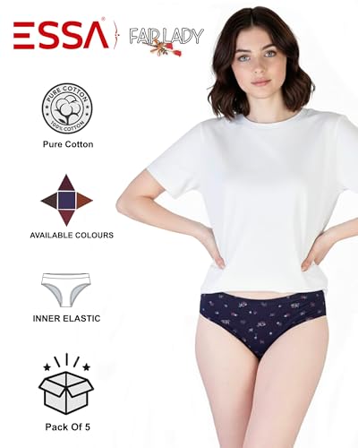 ESSA Women's Printed Briefs | FAIRLADY | 100% Cotton | Mid-Rise Panties with Floral Pattern | Multicolor | Comfortable Fit | Perfect for Everyday Wear | Pack of 5
