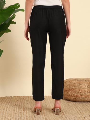 Image of Vogaan Women's Cotton Silk Pant | Half-Elasticated Waist Slim Fit Trouser for Women | Casual Pocket Pants for Office Formal Daily Use