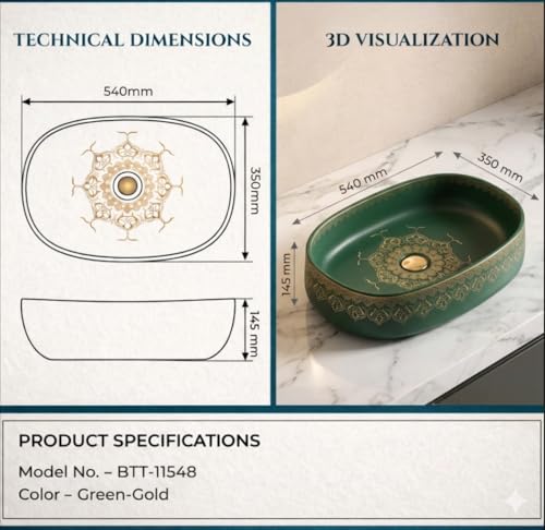 Image of BASSINO 21x14x6 Inches Designer Moroccan Ceramic Table Top Wash Basin /Green Matte & Gold Floral Art Sink for Bathroom /Handcrafted Rectangular Countertop Washbasin for Office /Hotel(Matt)