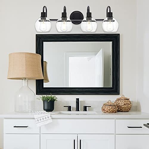 Image of 4-Lights Contemporary Bathroom Light Fixtures Over Mirror with Seeded Globe Glass Shades, Black Rustic Vanity Wall Lighting for Bedroom Dressing Cabinet