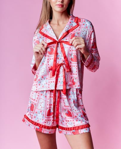 Image of Valentines Heart Bow Pajamas for Women Silk Satin Ruffle Shorts Pjs Tie Front Long Sleeve Shirts Pajamas with Bows