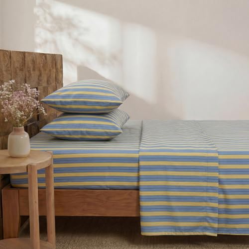 Image of Merryword Blue & Yellow Striped Sheet Set Queen Size, 100% Cotton Fitted Sheet Set with Deep Pockets, Crisp Cool Feeling, Ribbon Stripes Design, 4-Piece All Season Bedding