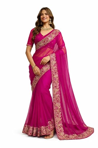 Svayi Women’s Net Floral design Pink Gold Sequin Embroidery Border work Saree for Wedding Festive Party Style Sari with Blouse Piece (SR1256-Pink)