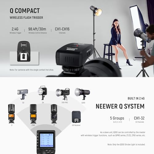 NEEWER Q300 300Ws 2.4G Outdoor Studio Flash with Q Compact Wireless Trigger, 7800mAh Li ion Battery Powered Strobe Light Photography Cordless Monolight with 1000 Full Power Flash 0.4~2.5s Recycle