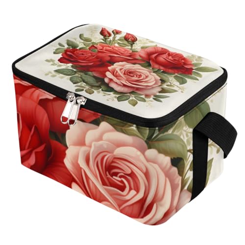GzLeyigou Lunch Bags for Women Men 9 Cans,Blooming Red Roses Hot & Cold Food Delivery Bag Insulated Grocery Bag Insulated Lunch Box Flowers Cooler Bag for Office Work Picnic Beach