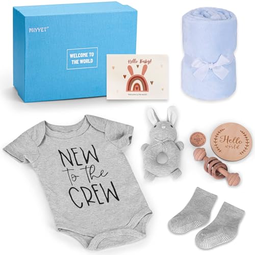 Image of MIYYET Baby Gifts for Boys - 8 PCS Set New Baby Boy Gifts with Baby Blanket, Funny Onesie, Socks, Rattle, Toy - Newborn Essentials Must Haves, Idea for New Born Baby Gift Basket, Welcome Baby Gift